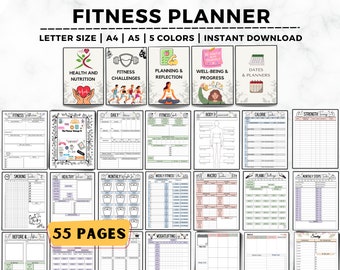 May include: A printable fitness planner with 55 pages. The planner includes sections for daily fitness, body measurements, calorie tracking, strength training, smoking, healthy habits, monthly weight tracking, weekly fitness, macro tracking, plan challenges, monthly steps, before and after photos, and weightlifting. The planner is available in letter, A4, and A5 sizes and in five colors.