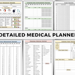 May include: A printable medical planner with sections for tracking daily headaches, vitamins and supplements, sleep, monthly medications, personal medical history, and chronic pain. The planner has a light green, yellow, and pink color scheme.