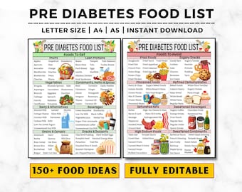 Puede incluir: Una lista de alimentos para la prediabetes imprimible, con alimentos para comer y evitar, categorizados por grupos de alimentos. Incluye frutas, verduras, proteínas magras y más. El documento está disponible en tamaños Carta, A4 y A5, con el texto "150+ FOOD IDEAS" y "FULLY EDITABLE".
