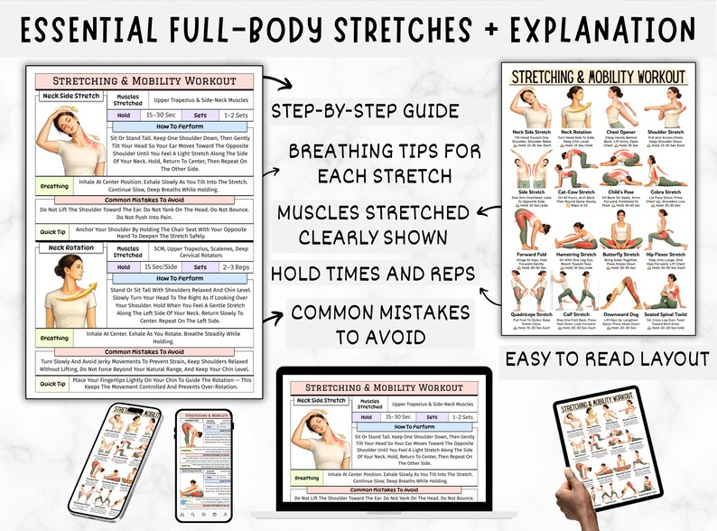 Stretch Break Guide Stretching Exercises & Mobility Workout, Full Body Stretch Chart ...