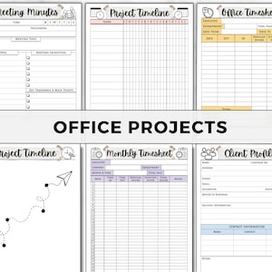Peut inclure: Un ensemble de mod&egrave;les de planificateur de projets de bureau imprimables. Les mod&egrave;les comprennent les proc&egrave;s-verbaux des r&eacute;unions, le calendrier du projet, la feuille de temps du bureau, la feuille de temps mensuelle et le profil du client.