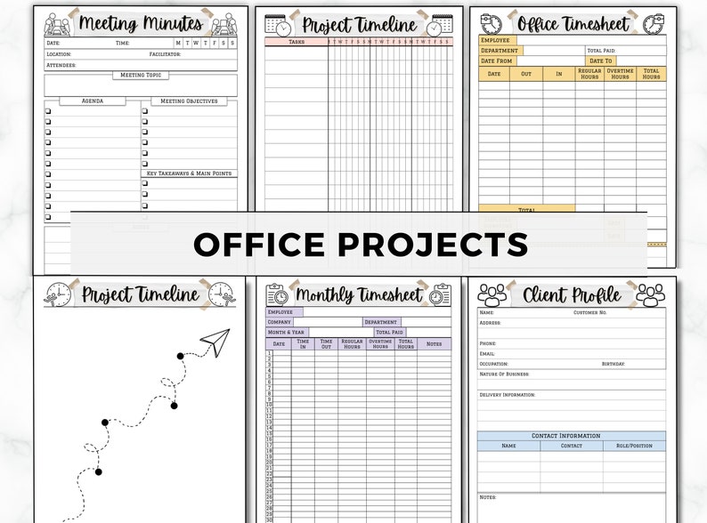 Peut inclure: Un ensemble de mod&egrave;les de planificateur de projets de bureau imprimables. Les mod&egrave;les comprennent les proc&egrave;s-verbaux des r&eacute;unions, le calendrier du projet, la feuille de temps du bureau, la feuille de temps mensuelle et le profil du client.