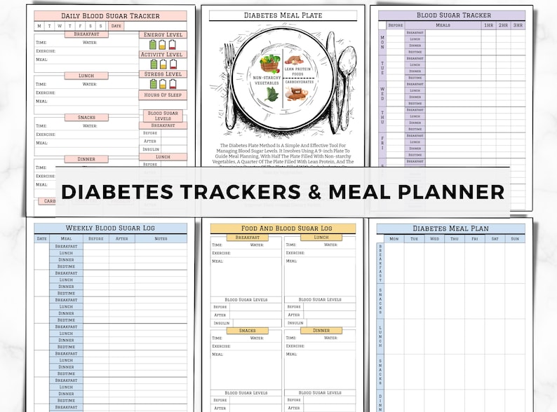 May include: A collection of printable diabetes trackers and meal planners. The designs include daily and weekly blood sugar logs, meal plates, and meal plans. The text includes sections for tracking meals, exercise, and blood sugar levels. The title "DIABETES TRACKERS & MEAL PLANNER" is displayed.