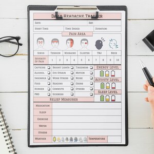 May include: A printable daily headache tracker checklist with sections for date, start time, time ended, duration, pain area, severity of pain, caffeine, alcohol, insomnia, food, hunger, PMS, bright lights, eye strain, work stress, reading, commute, sickness, tiredness, motion, noise, odors, others, energy level, activity level, sleep level, medication, sleep, exercise, water, others, weather, and temperature.