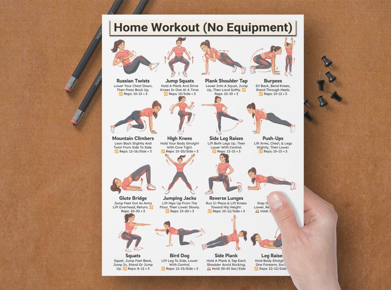 Home Workout Printable, No Equipment Bodyweight Exercises, Full Body Training, Calisthenics Fitness Exercise Chart, Home Gym Wall Poster PDF image 4