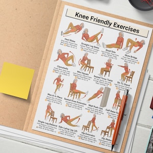 May include: A printed chart titled "Knee Friendly Exercises" with illustrations of various exercises. The chart is in a brown folder with a yellow sticky note. A red and orange pen is on the chart.