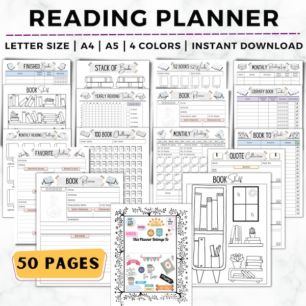 Reading Journal Printable, Book Reading Planner, Reading Challenge, Book Review Log Book, Monthly Reading Journal, Reading Tracker Printable