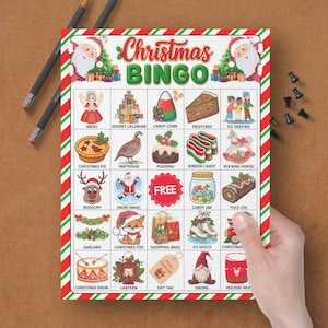 May include: A Christmas Bingo game card with a red and green striped border. The card features festive illustrations and the text "Christmas BINGO". The card includes images of angels, a Christmas pie, and a gnome.