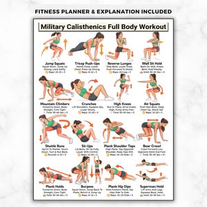 Può includere: Un pianificatore di fitness con un allenamento completo per la calistenia militare. Il poster include illustrazioni e istruzioni per esercizi come jump squat, flessioni tricipiti, affondi inversi e altro. Il testo in alto recita "Fitness Planner & Explanation Included".