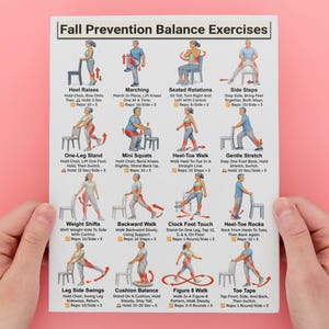 May include: A white instructional poster titled Fall Prevention Balance Exercises featuring sixteen illustrated figures demonstrating various physical movements with chairs, including heel raises, squats, and stretches, with text instructions for each.