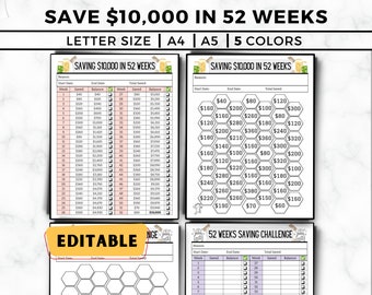 Save 10000 in 52 Weeks, 10K Savings Challenge Printable, 10000 Savings Challenge Printable, ,52 Week Saving Challenge, 10k Savings Tracker