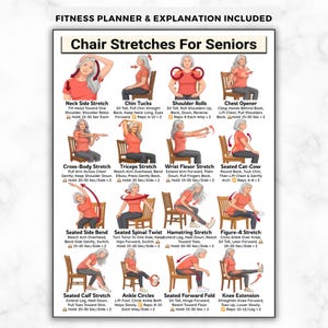 Op de afbeelding: Een fitnessgids getiteld "Chair Stretches For Seniors" met illustraties van zittende oefeningen. De gids bevat instructies voor nek-, schouder- en beenoefeningen, die flexibiliteit en welzijn bevorderen. Metingen in seconden.