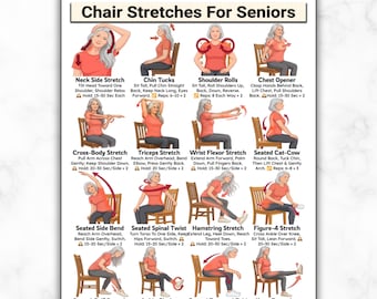Chair Stretches For Seniors, Seated Stretch Chart, Gentle Chair Yoga Exercises For Older Adults Low Impact Workout For Mobility & Stiffness