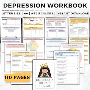 Op de afbeelding: Een kleurrijk werkboek met de titel "DEPRESSION WORKBOOK" met de tekst "DEPRESSION THERAPY JOURNAL" en "110 PAGES" in een gele doos. Het werkboek is ontworpen om mensen te helpen omgaan met depressie en bevat verschillende werkbladen en activiteiten.