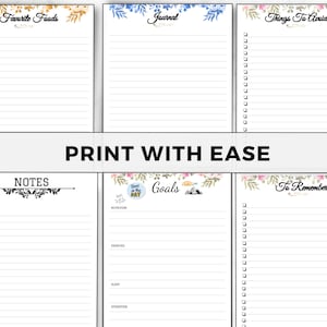 May include: Printable planner pages with floral designs. The pages include sections for favorite foods, journal, things to avoid, notes, goals, and to remember.