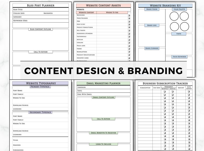 May include: A collection of printable planner sheets for content design and branding. Includes templates for blog posts, website content, branding kits, website typography, email marketing, and business subscription tracking. The title "CONTENT DESIGN & BRANDING" is displayed.