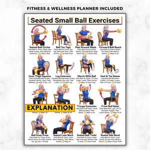Può includere: Un poster di fitness intitolato Seated Small Ball Exercises con illustrazioni di una persona in maglietta blu e pantaloni neri che esegue dodici diversi esercizi con una piccola palla gialla, incluse istruzioni e conteggio delle ripetizioni.