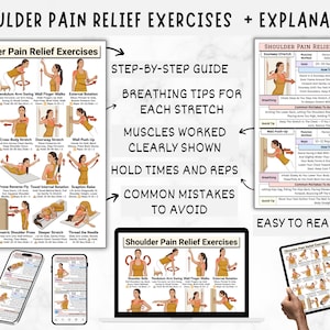 May include: A guide titled "Shoulder Pain Relief Exercises + Explanation" with step-by-step instructions, breathing tips, and muscle diagrams. Includes a laptop, phone, and tablet displaying the exercises. The layout is easy to read.