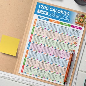 Puede incluir: Un colorido plan de comidas de 1200 calor&iacute;as para 7 d&iacute;as, mostrado en una carpeta. El plan est&aacute; dividido en secciones de desayuno, almuerzo, cena y meriendas. Un bol&iacute;grafo descansa sobre el plan y una nota adhesiva amarilla est&aacute; adherida a la carpeta.
