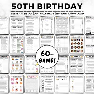 May include: A collection of printable 50th birthday party games. The games include trivia, riddles, and other fun activities. The text on the image says "50th Birthday" and "60+ Games".