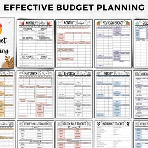 May include: A set of printable budget planning worksheets. The worksheets include sections for monthly, bi-weekly, and weekly budgets, as well as a 50/30/20 budget and a 70/20/10 rule budget. There are also worksheets for tracking utility bills and insurance.