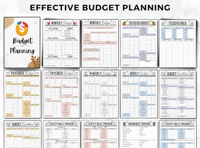 May include: A set of printable budget planning worksheets. The worksheets include sections for monthly, bi-weekly, and weekly budgets, as well as a 50/30/20 budget and a 70/20/10 rule budget. There are also worksheets for tracking utility bills and insurance.