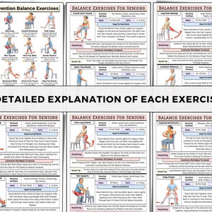 May include: A detailed chart with illustrations and instructions for balance exercises, designed for seniors. The chart includes various exercises like heel raises, marching, and seated rotations, with sets and reps.