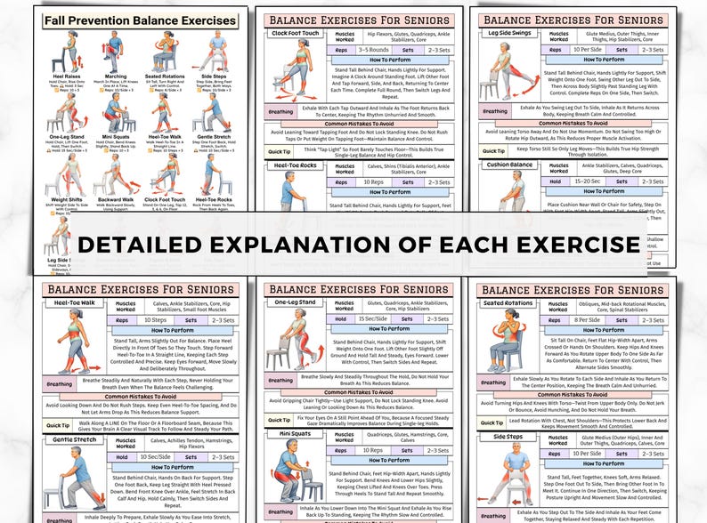 May include: A detailed chart with illustrations and instructions for balance exercises, designed for seniors. The chart includes various exercises like heel raises, marching, and seated rotations, with sets and reps.