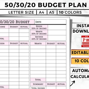 50/30/20 Budget Template, Income & Expense Money Management Worksheet, 50 30 20 Sheet, Expense Tracker, Savings Tracker, 50/30/20 Rule
