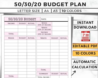 Könnte beinhalten: Ein druckbarer 50/30/20 Budgetplaner im PDF-Format. Der Planer soll Ihnen helfen, Ihre Einnahmen, Ausgaben und Ersparnisse zu verfolgen. Er enthält Abschnitte für Bedürfnisse, Wünsche und Ersparnisse sowie eine Gesamtzusammenfassung. Der Planer ist in 10 Farben erhältlich und verfügt über automatische Berechnungsfunktionen.