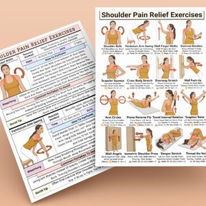 May include: Two printed sheets with illustrations and text detailing shoulder pain relief exercises. The sheets feature diagrams of various stretches and exercises, including shoulder rolls, pendulum arm swings, and wall angels. The text provides instructions and tips.