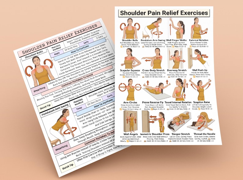 May include: Two printed sheets with illustrations and text detailing shoulder pain relief exercises. The sheets feature diagrams of various stretches and exercises, including shoulder rolls, pendulum arm swings, and wall angels. The text provides instructions and tips.