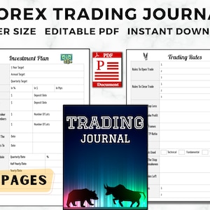 Puede incluir: Un diario de trading de Forex imprimible con un gráfico de toro y oso negro y verde. El diario incluye secciones para la planificación de inversiones, las reglas de trading y los registros de trading. El texto "TRADING JOURNAL" está en letras blancas sobre un fondo azul.
