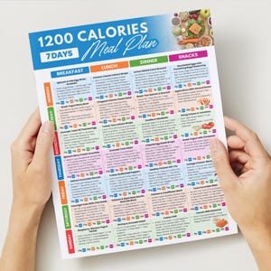 Puede incluir: Un colorido plan de comidas de 1200 calor&iacute;as para 7 d&iacute;as. El plan de comidas est&aacute; sostenido por manos y presenta un desglose detallado del desayuno, el almuerzo, la cena y los refrigerios para cada d&iacute;a de la semana. El plan incluye una variedad de opciones de alimentos.
