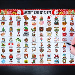 May include: A Christmas-themed bingo card with a red border and festive illustrations. The card features various holiday icons and the text "MASTER CALLING SHEET". A hand with a pen is marking a square.