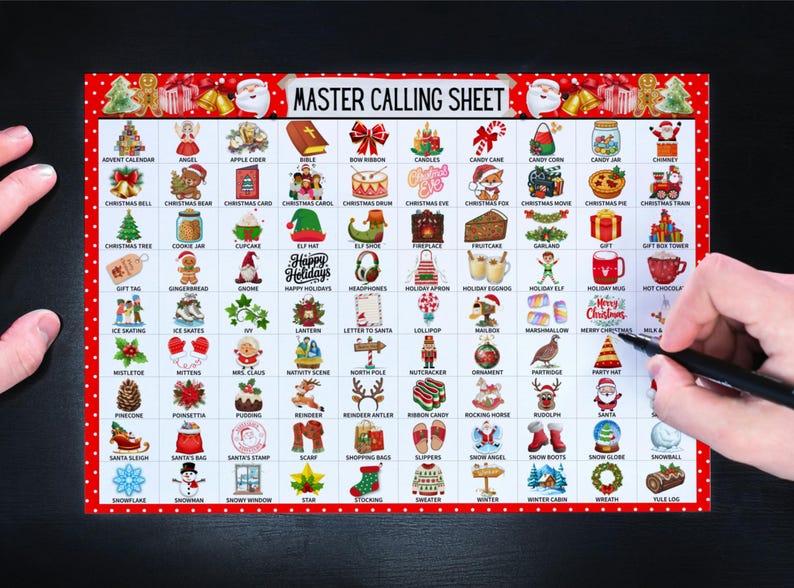 May include: A Christmas-themed bingo card with a red border and festive illustrations. The card features various holiday icons and the text "MASTER CALLING SHEET". A hand with a pen is marking a square.