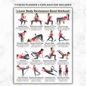 Op de afbeelding: Een fitnessplanner met een workout met weerstandsbanden voor het onderlichaam. De poster bevat geïllustreerde oefeningen zoals squats en lunges, met instructies en herhalingsaantallen. De tekst bovenaan luidt "Fitness Planner & Explanation Included".