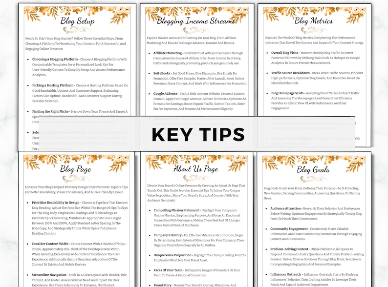 May include: A colorful infographic with gold floral accents and key tips for setting up a blog, including choosing a platform, finding the right niche, creating engaging content, and monetizing your blog.