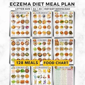 May include: A digital print titled "Eczema Diet Meal Plan" with the text "Letter Size | A4 | A5 | Instant Download." The print features meal charts for breakfast, lunch, dinner, snacks, and beverages, with a food list. The print includes 128 meals.