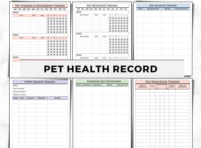 May include: A printable pet health record tracker with sections for puppy growth, medication, vitamins, injuries, and surgeries. The tracker has a light blue, pink, and green color scheme.