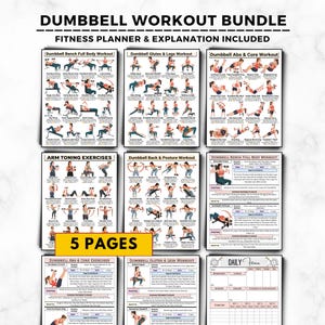 May include: A dumbbell workout bundle featuring multiple instructional posters with illustrations of various exercises, including bench, glute, leg, arm, back, and core routines. The set includes a daily fitness planner page and text labels.