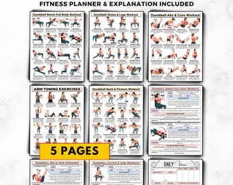 Dumbbell Workout Bundle, Home Gym Full Body Dumbbell Exercises Charts Printable, Abs Core, Legs Glutes, Arm Toning Back Posture Gym Wall Art