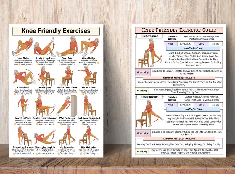 May include: Two exercise guides titled "Knee Friendly Exercises" and "Knee Friendly Exercise Guide". The guides feature illustrations and instructions for various exercises, including hip extension and hip abduction, designed to be knee-friendly.