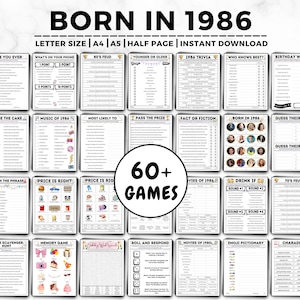 Puede incluir: Una colección de juegos de fiesta imprimibles con el texto "BORN IN 1986". Los juegos incluyen trivia, completar espacios en blanco y otras actividades divertidas. La imagen también incluye el texto "60+ GAMES".