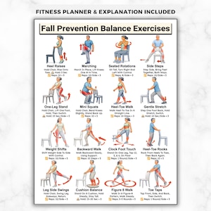 May include: A fitness planner with fall prevention balance exercises. The exercises include heel raises, marching, seated rotations, side steps, one-leg stand, mini squats, heel-toe walk, gentle stretch, weight shifts, backward walk, clock foot touch, heel-toe rocks, leg side swings, cushion balance, figure 8 walk, and toe taps.