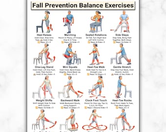 Fall Prevention Balance Exercises For Seniors, Chair & Standing Mobility Training Fitness Chart Elderly Physical Therapy Home Exercise Guide