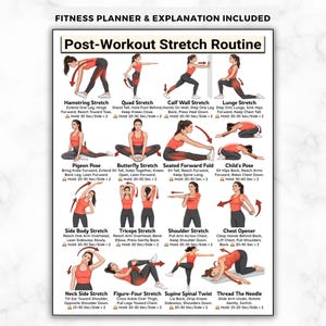 Może przedstawiać: Plan fitness z instrukcją rozciągania po treningu. Przewodnik zawiera ilustracje i instrukcje dotyczące różnych ćwiczeń rozciągających, z czasami trwania.