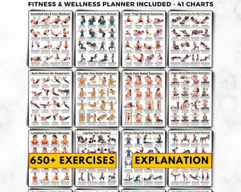 Ultimate Workout Bundle, Full Body Exercises For Women, Resistance Band, Dumbbell, Core Abs Glutes Weight Loss Home Gym Plan Printable Chart