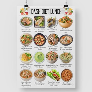 Puede incluir: Un p&oacute;ster titulado "DASH DIET LUNCH" muestra 16 ilustraciones coloridas de opciones de comidas saludables. Los platos incluyen ensalada de salm&oacute;n con costra de almendras, sart&eacute;n de camarones y guiso de lentejas rojas y batata. El p&oacute;ster est&aacute; suspendido por dos clips negros.