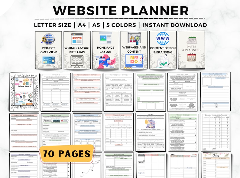 May include: A website planner with 70 pages, including sections for project overview, website layout, home page layout, webpages and content, content design and branding, and dates and planners. The planner is available in five colours and in letter, A4, and A5 sizes.
